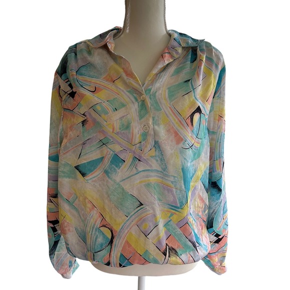 Vintage Da Rue of‎ California Blouse Pastel Silky Abstract Print Top Spring l - Picture 2 of 7